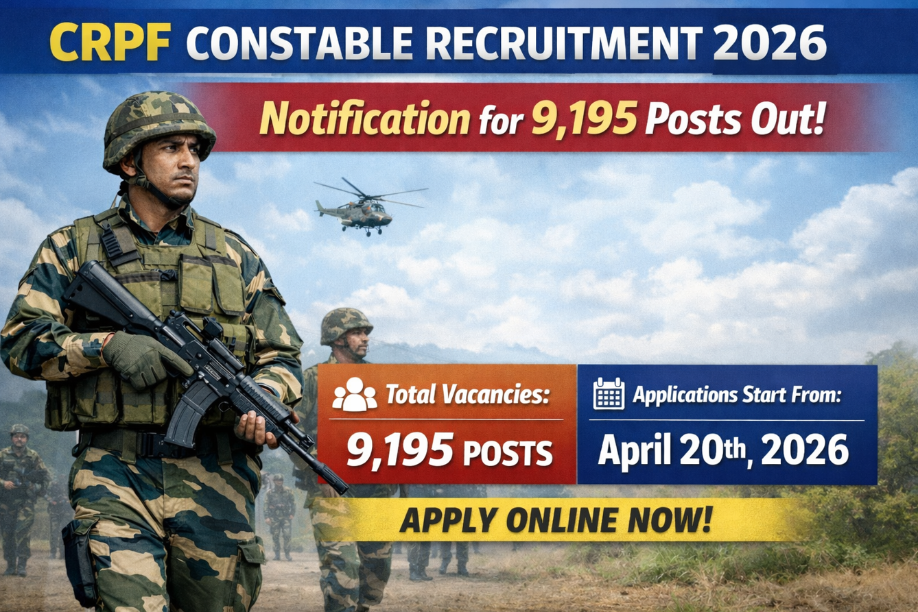 CRPF Constable Recruitment 2026: Notification for 9,195 Posts Out, Applications Start from April 20th, 2026