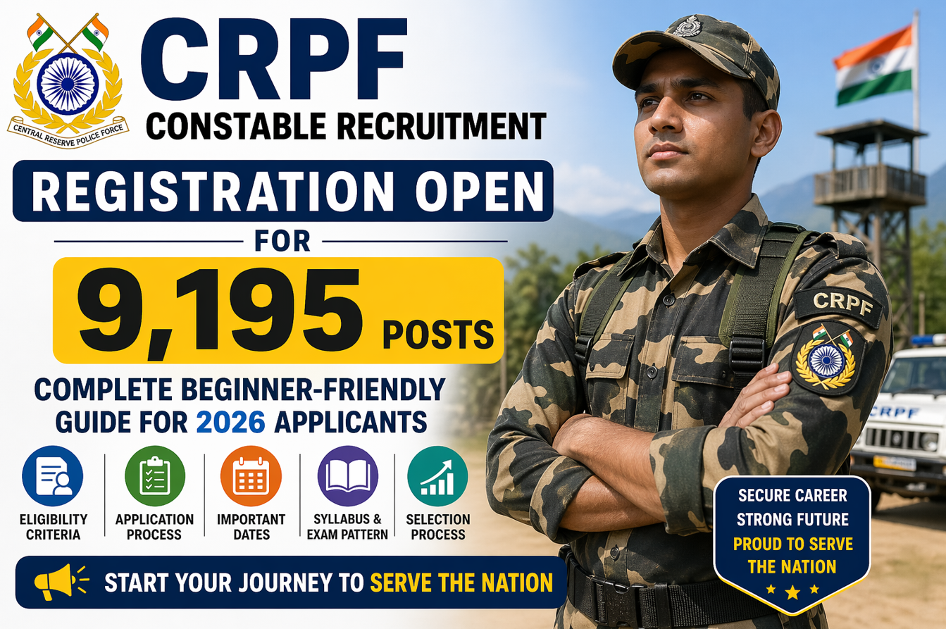CRPF Constable Recruitment Registration Open for 9,195 Posts: Complete Beginner-Friendly Guide for 2026 Applicants
