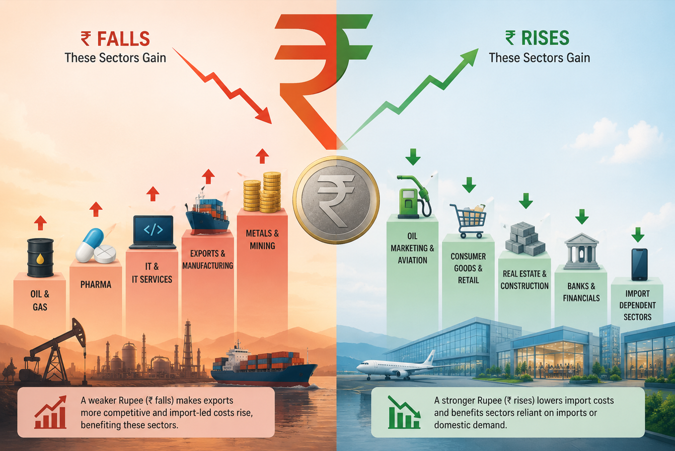 As Rupee Falls-Why Oil & Pharma Gain and Which Sectors Benefit Most